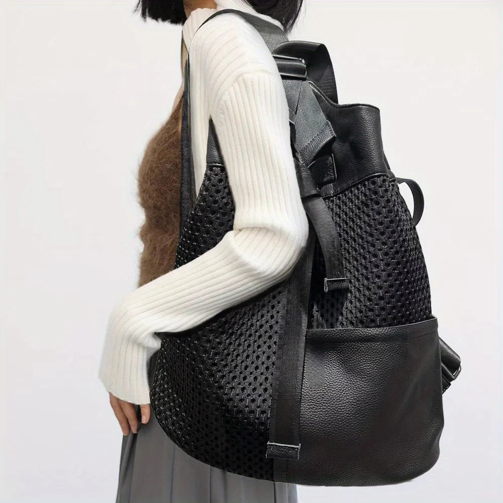 Retro Mesh Splicing Casual Backpack – Large Capacity Urban Shoulder Bag for Women