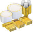 600pcs Gold Disposable Plates Dinnerware Set – Heavy-Duty Plastic Dinner & Dessert Plates for 100 Guests | Elegant Party Tableware
