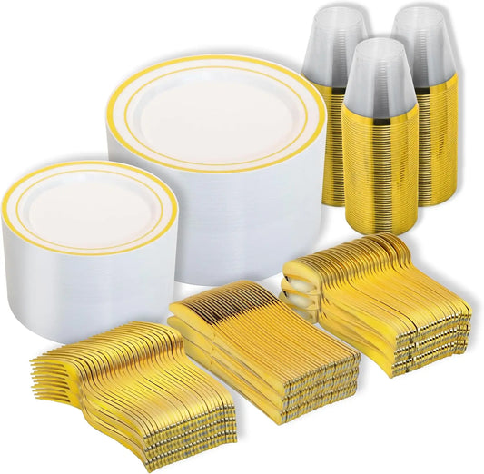 600pcs Gold Disposable Plates Dinnerware Set – Heavy-Duty Plastic Dinner & Dessert Plates for 100 Guests | Elegant Party Tableware