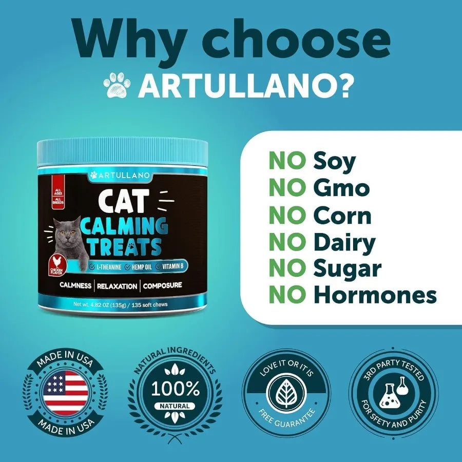 Hemp Cat Calming Treats – Anxiety & Stress Relief with Melatonin for Kittens & Cats, Made in USA, 60ct Jar