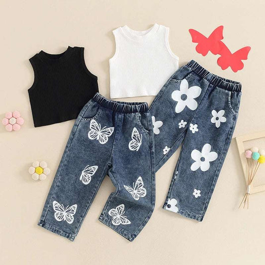 Toddler Girl Summer Outfit Set (1-5 Years) – Sleeveless Ribbed Tank Top & Denim Pants (2PCS)
