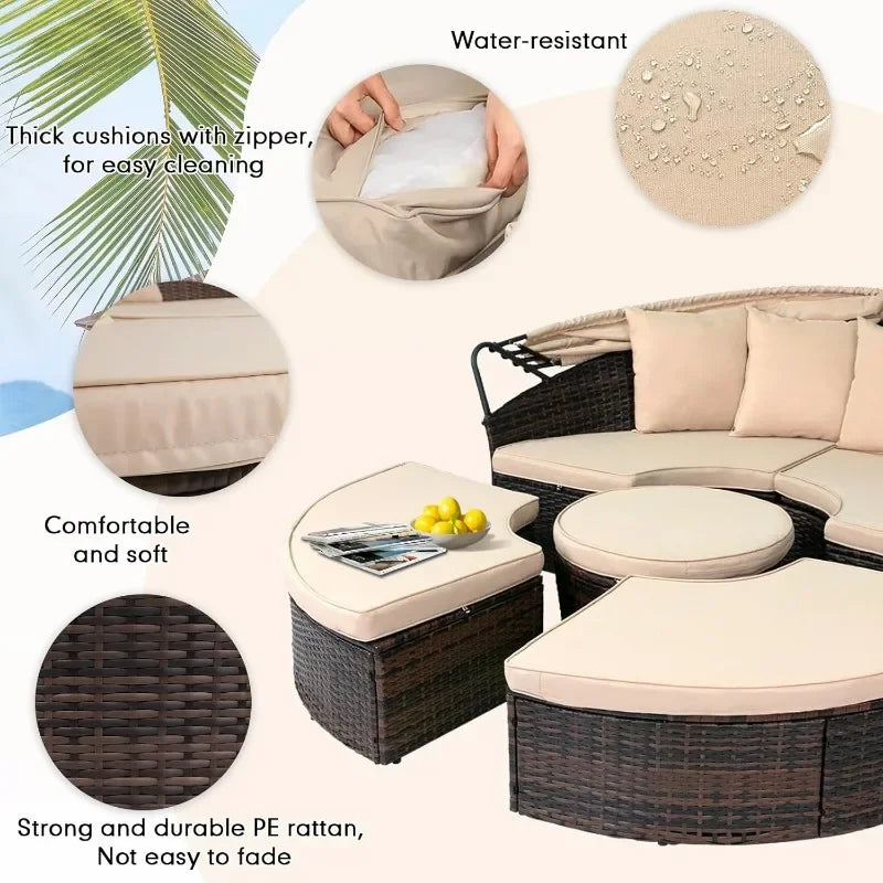 5-Piece Outdoor Patio Daybed with Retractable Canopy – Round Wicker Rattan Sectional Sofa Set
