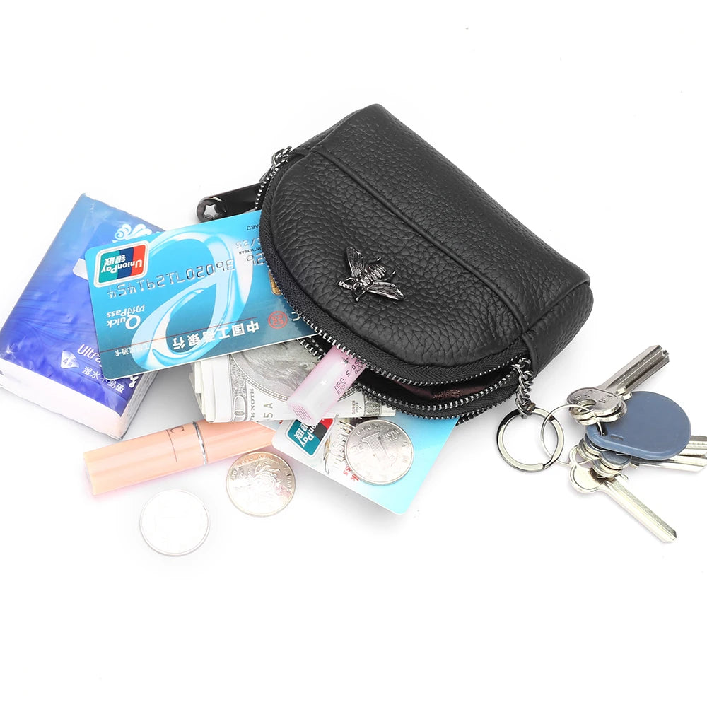 Cute Bee Decor Women’s Leather Coin Purse – Small 2-Zipper Wallet with Keychain Ring
