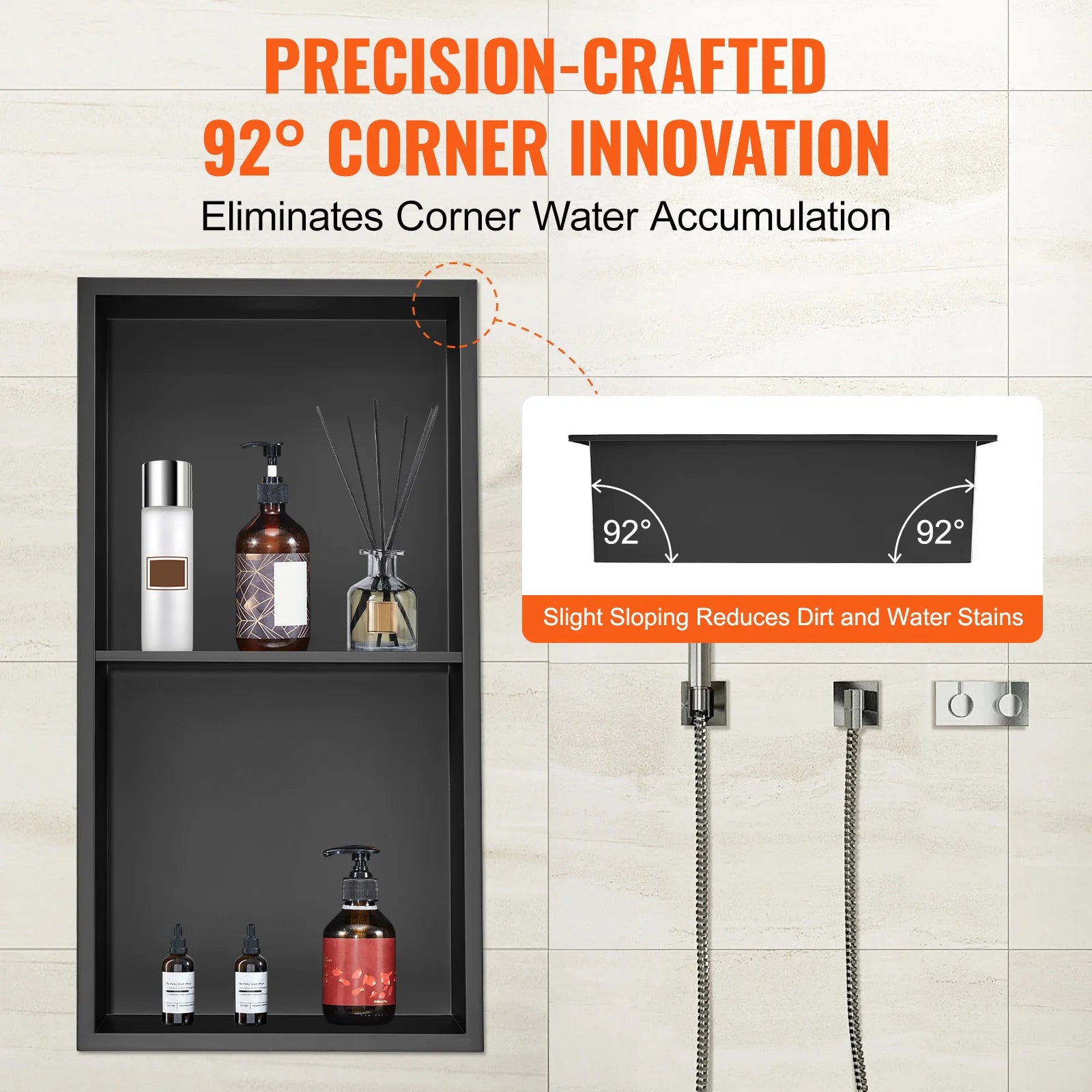 No-Tile 304 Stainless Steel Recessed Shower Niche – Double Shelf Wall Insert