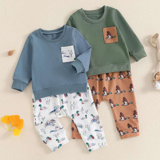 Toddler Boys Outfit Set – Long Sleeve Sweatshirt & Wild Duck Print Pants (2PCS)