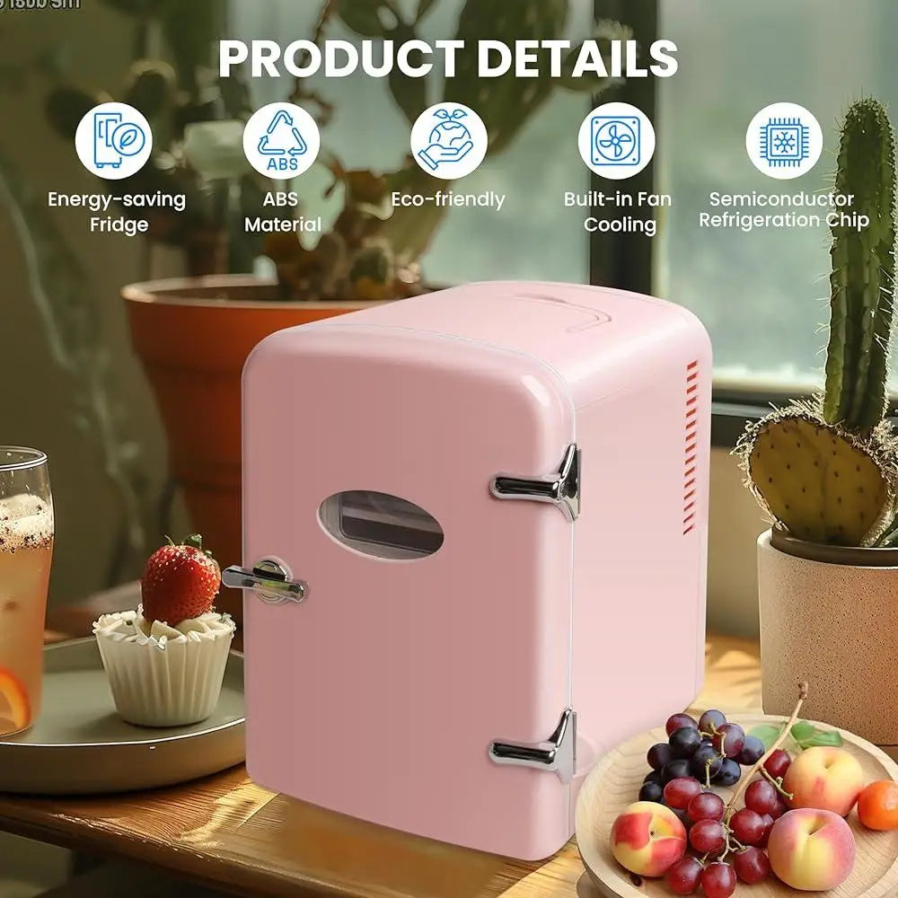 Portable Mini Fridge – 4 L / 6-Can Cooler & Warmer Compact Quiet Refrigerator with Observation Window