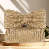 Women’s Crochet Straw Beach Handbag – Summer Bow Tote with Zipper Closure for Weddings, Parties & Vacations
