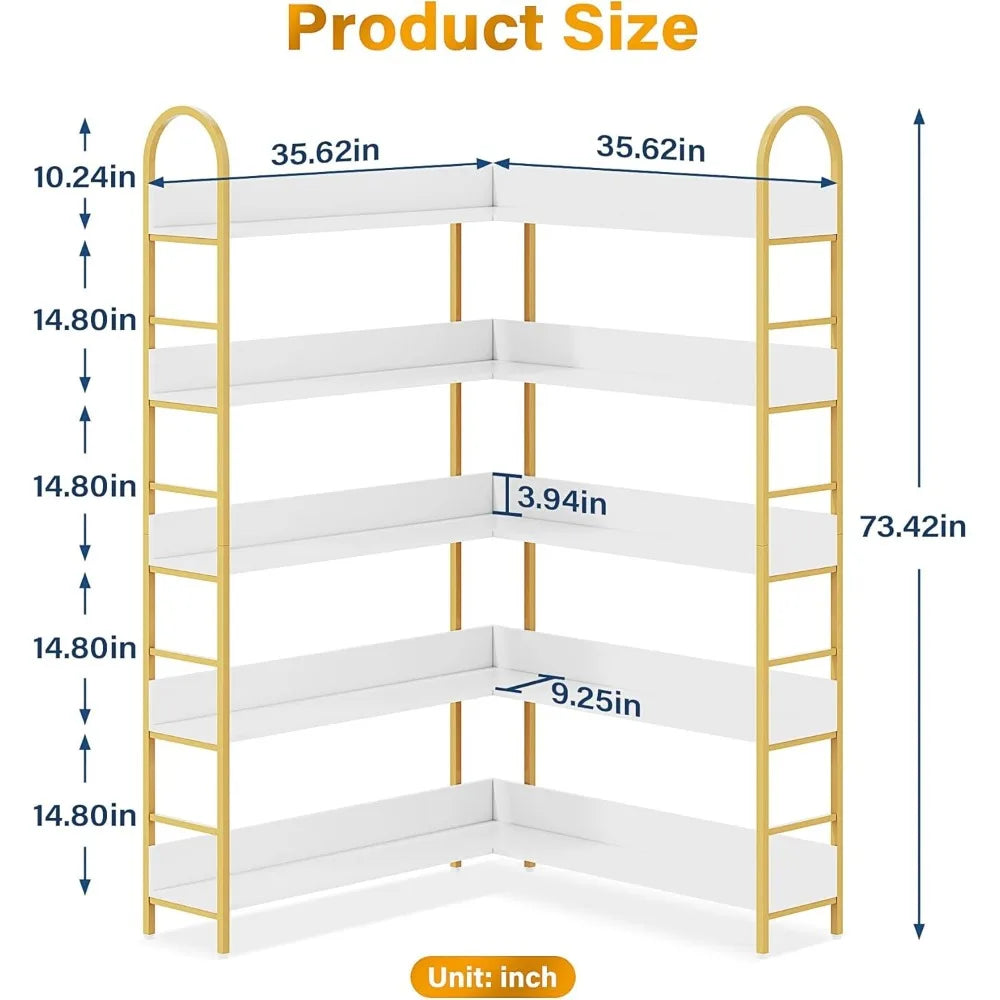 5-Tier L-Shaped Corner Bookcase – White & Gold Modern Display Shelf with Adjustable Feet & Anti-Tip Design
