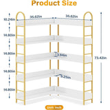 5-Tier L-Shaped Corner Bookcase – White & Gold Modern Display Shelf with Adjustable Feet & Anti-Tip Design