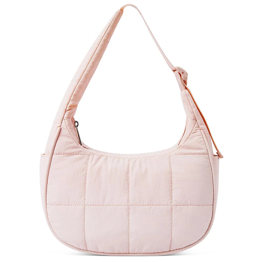 Women’s Quilted Nylon Puffer Crescent Shoulder Bag – Adjustable Strap Crossbody Style