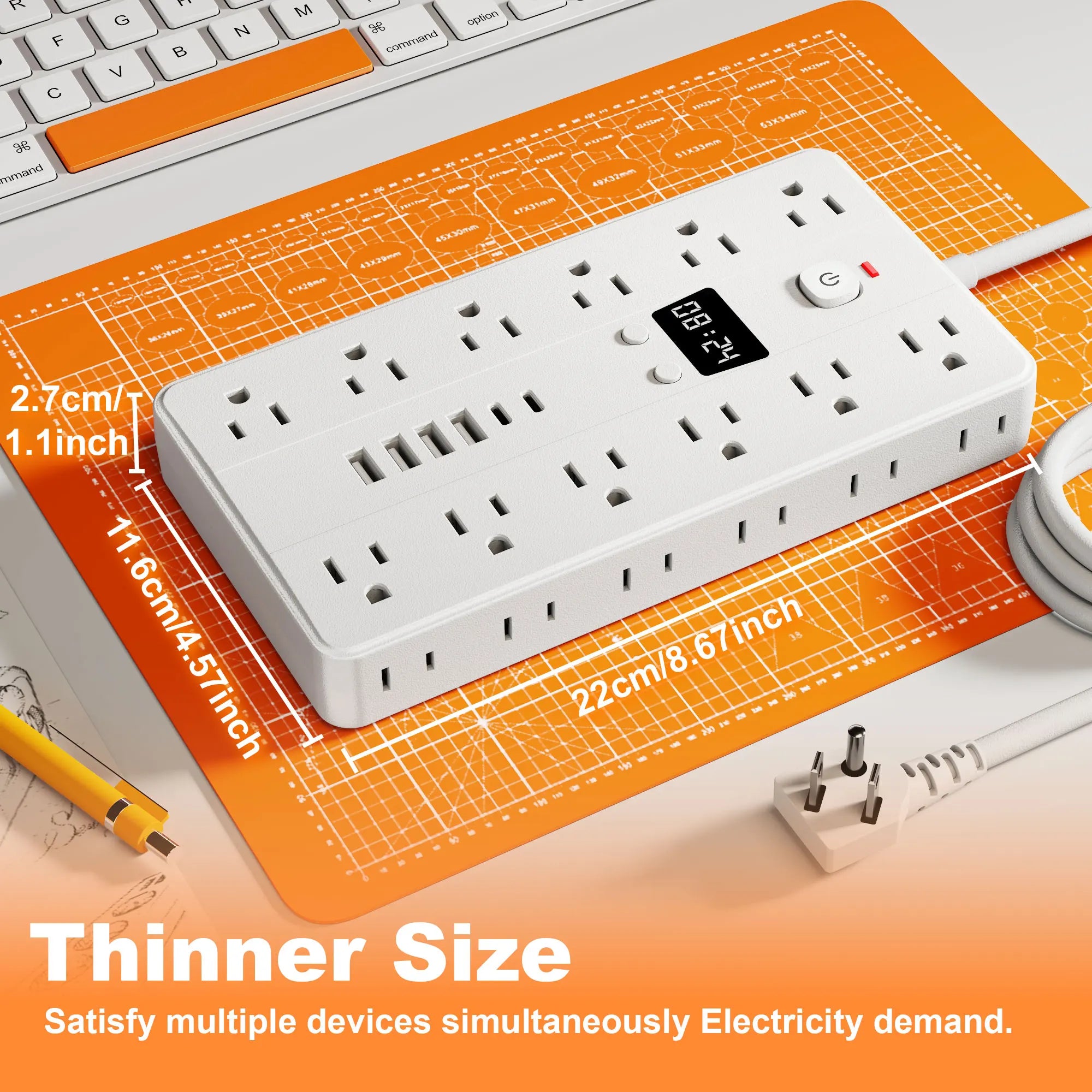 31-in-1 Multifunctional Power Socket – 3-Sided Power Strip with Time Display, 24 AC Outlets, 6 USB Ports & 2 USB-C Fast Charging Ports