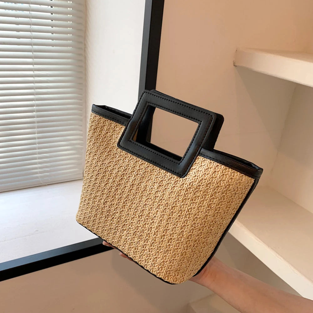 Women’s casual straw travel handbag – large-capacity color-clash woven tote bag, versatile summer leisure purse for beach, shopping & daily use