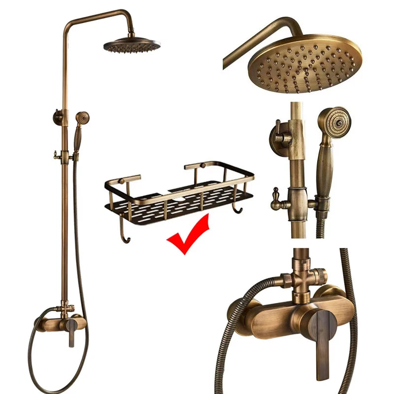 Antique Brass Shower Faucet Set – Wall-Mounted Rainfall Head with Dual Handles Hot & Cold Mixer Tap