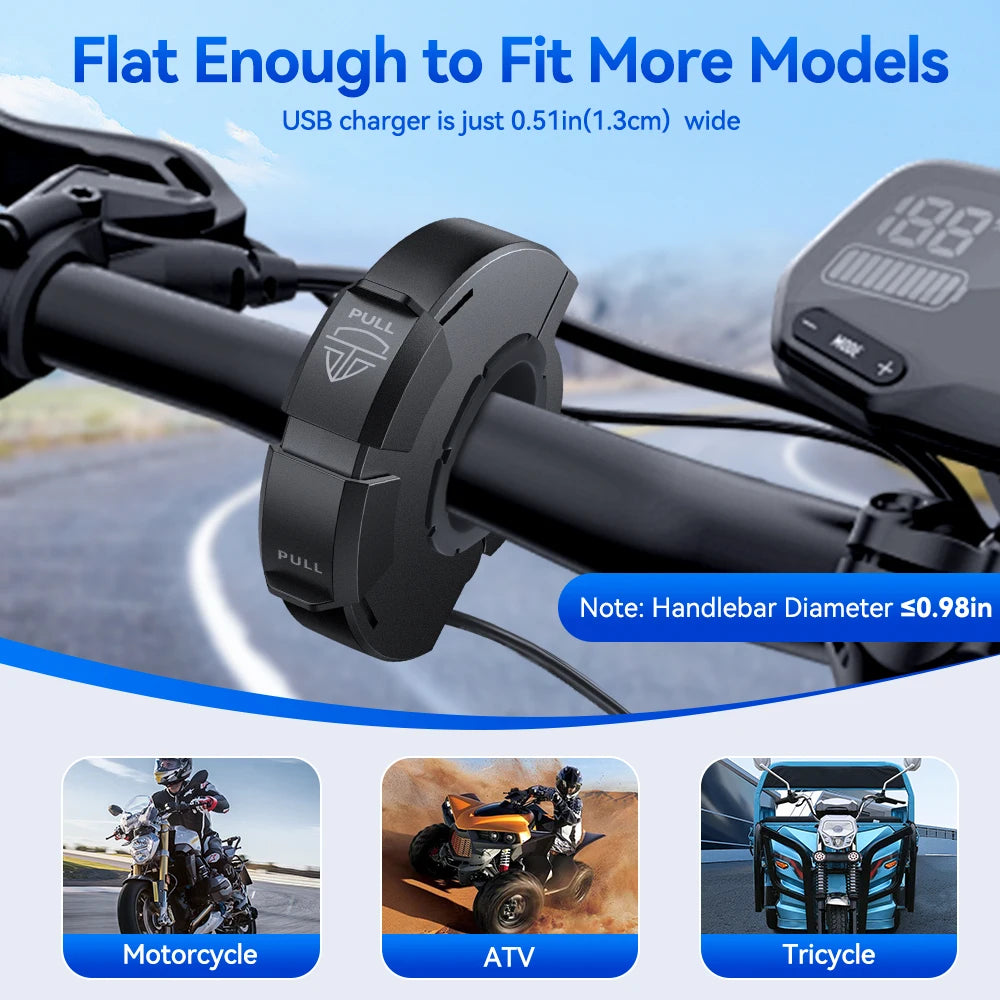 QC3.0 Motorcycle USB Charger 30W – Waterproof Fast Charger with Handlebar Mount for Bike, Smartphone & Digital Camera