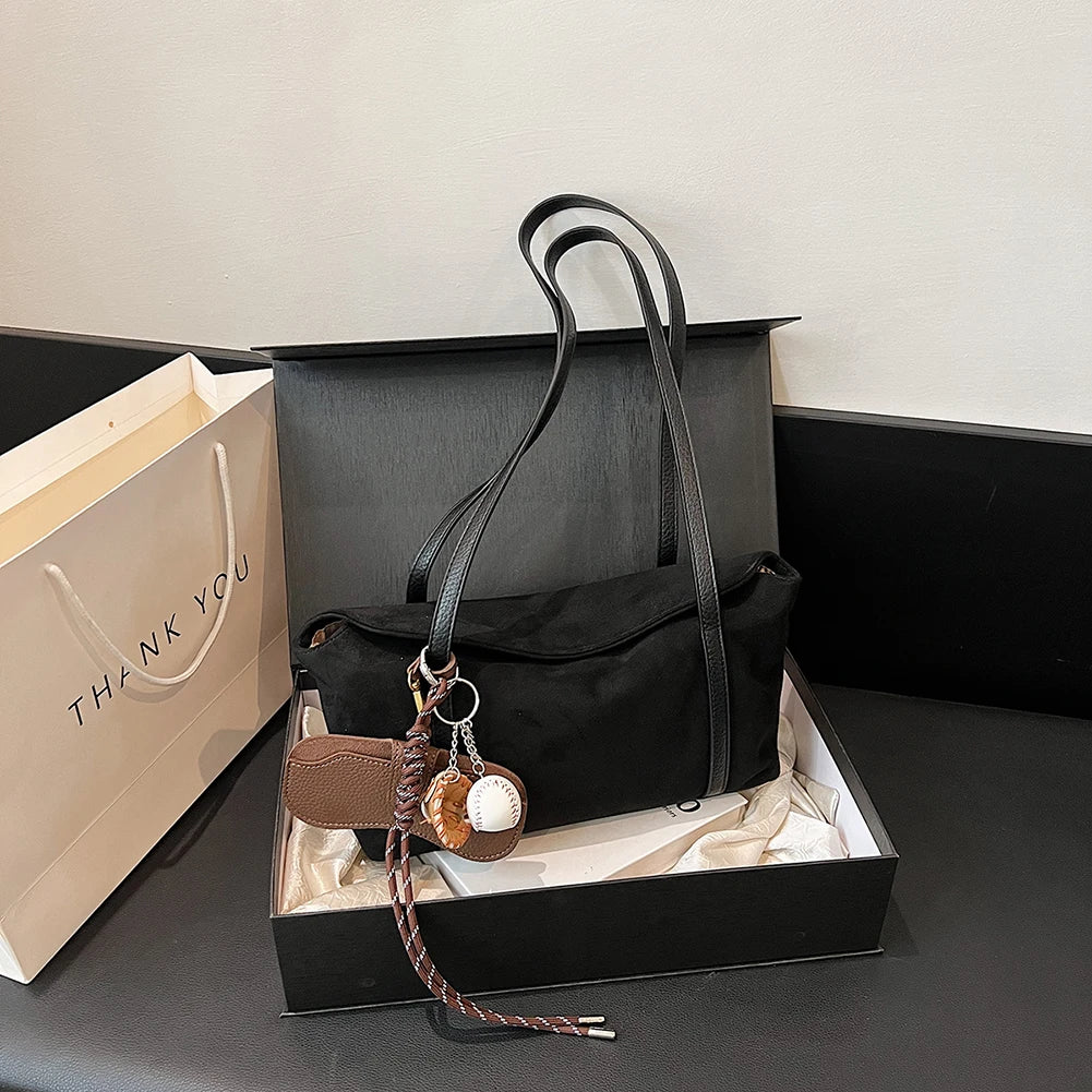 Large Capacity Suede Flap Under-Arm Shoulder Bag – Women’s Retro Solid Tote for Work & Travel