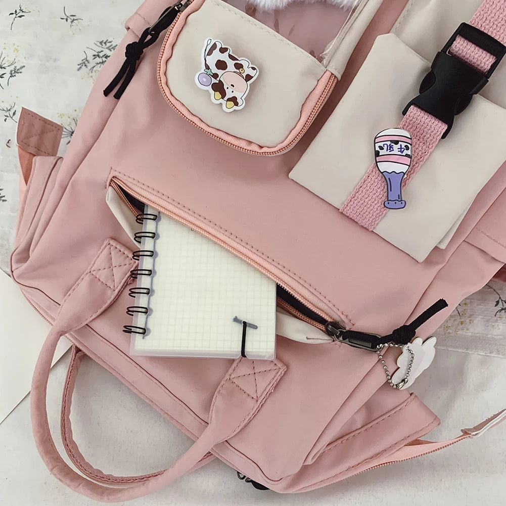 Large Capacity Nylon Travel Backpack for Women – Cute Contrast Color with Bear Badge