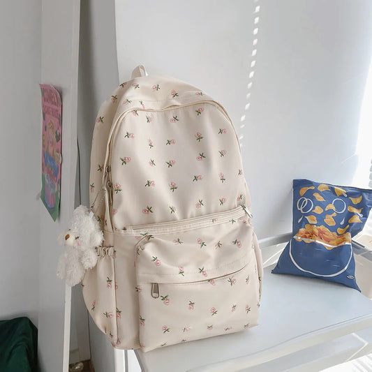 Floral Prints Girls’ College Backpack — Large-Capacity Aesthetic School Bookbag with Pendant