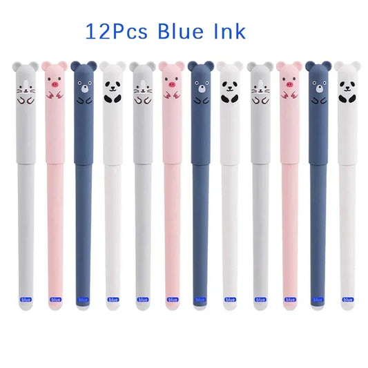 Animals Panda Erasable Gel Pen Set – 12-Piece 0.5 mm Blue/Black Ink Cartoon Stationery Kit