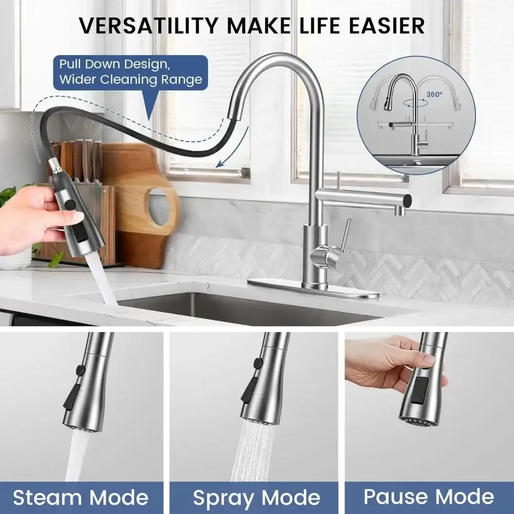 High Arc 304 Stainless Steel Kitchen Faucet – Brushed Nickel Finish with Pull-Down Sprayer & Built-In Filter Function 🚰✨