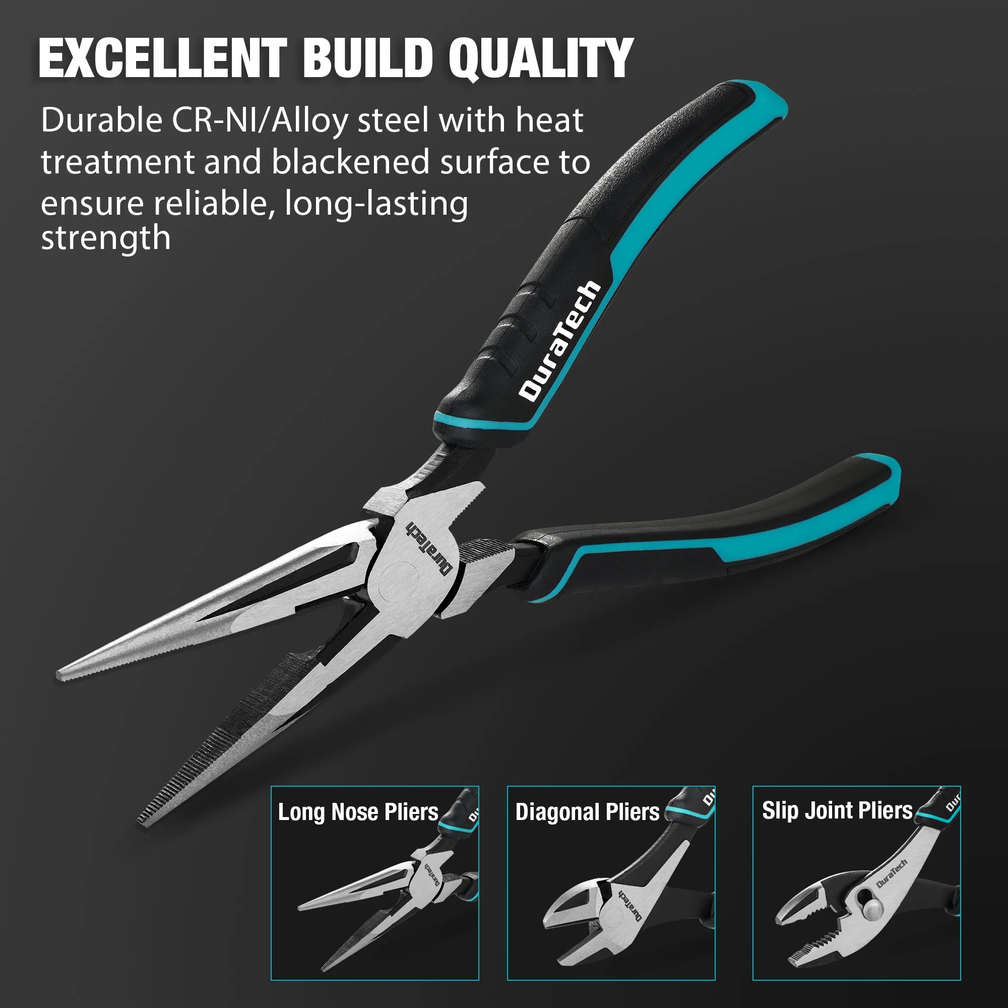 DURATECH 3PCS Premium Pliers Set – CR-Ni Steel Construction | 8" Needle Nose, Slip Joint & Groove Joint Pliers