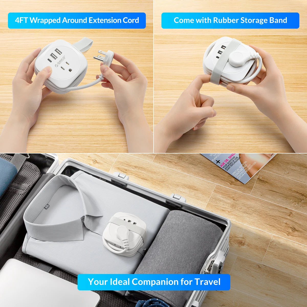 Orico Travel Power Strip – US Plug Extension Socket with 2 USB Ports & Type-C Fast Charge, Compact Multi-Outlet Adapter for Office & Travel
