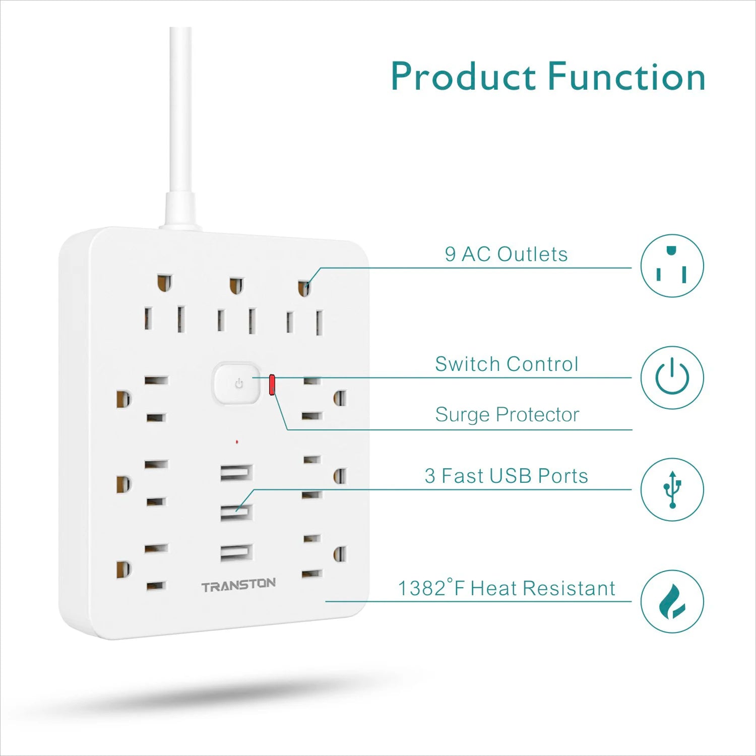 Power Outlet with Surge Protector – 9 AC Sockets + 3 USB Ports, 5FT Extension Cord, Quick Charge Power Strip for Home & Office (White)