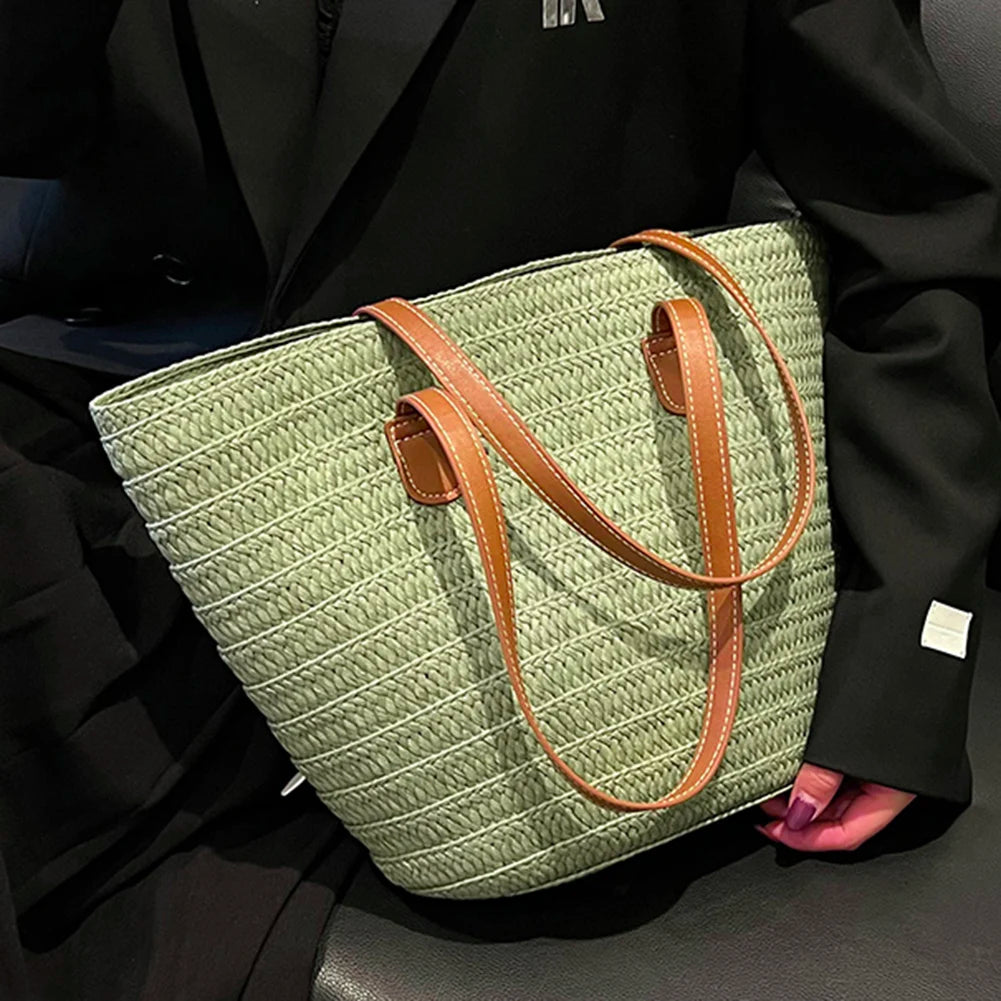 Large Capacity Woven Beach Tote Bag – Casual Solid-Colour Shoulder Bag for Women