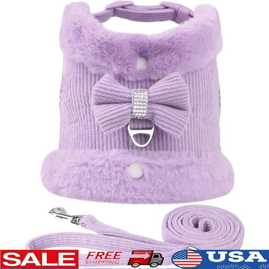 Cute Small Dog Harness & Leash Set with Bow Tie – Soft Padded Adjustable Pet Vest for Indoor & Outdoor Walking