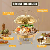 Golden Stainless Steel 8 L / 8.5 QT Round Chafing Dish Buffet Set with Alcohol Burner & Hanging Lid