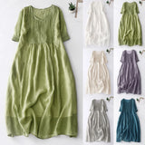 Women’s Solid Cotton Linen Maxi Dress – A-Line V-Neck Pleated Summer Sundress with Pockets & Short Sleeves