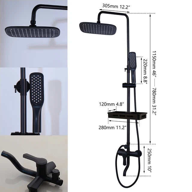 Zappo Matte Black 3-Way Wall-Mounted Rainfall Shower System – Shelf & Bathtub Mixer Included