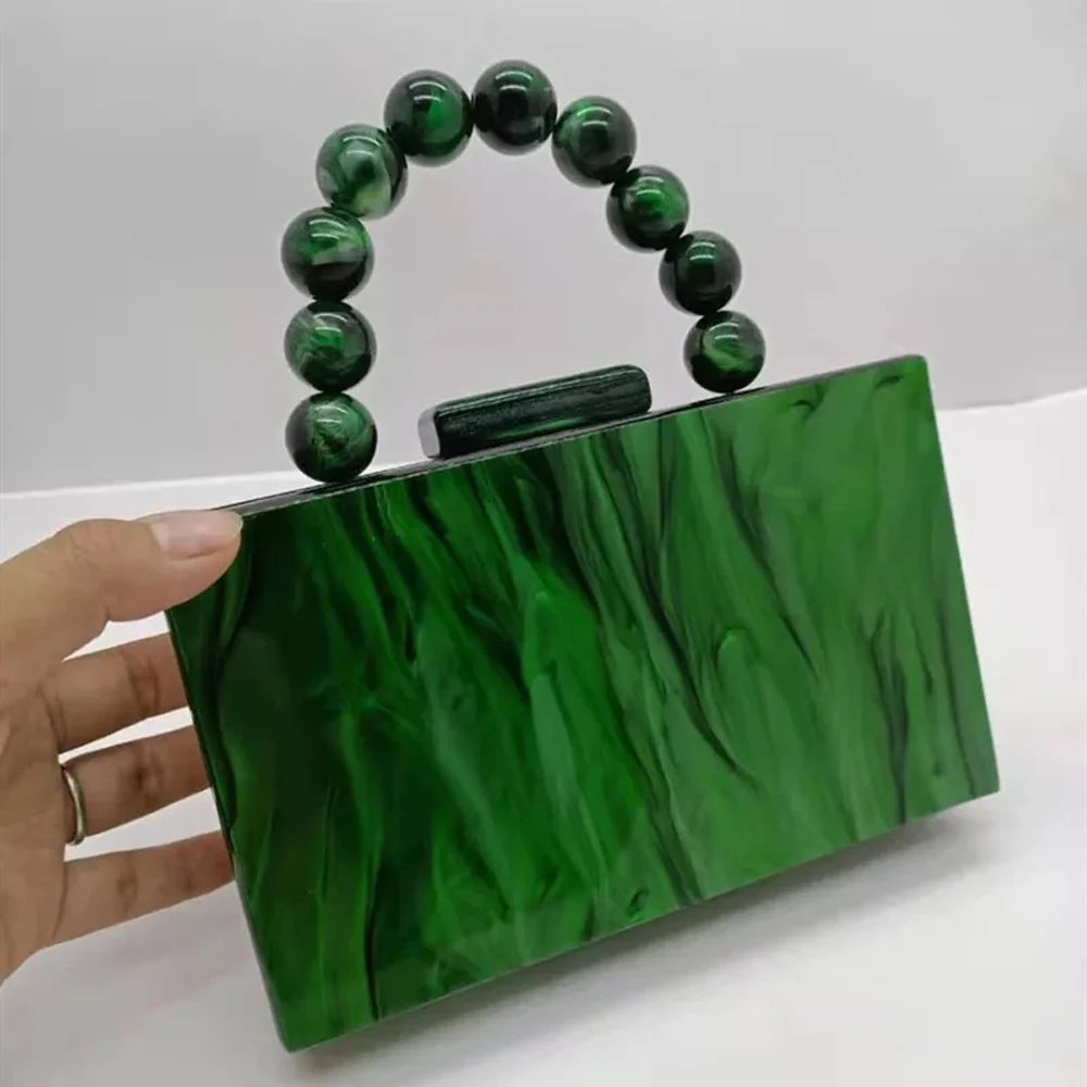 Pearl Marble Dark Green Acrylic Evening Bag – Luxury Crossbody Flap Purse for Women, Wedding, Party & Chic Beach Events