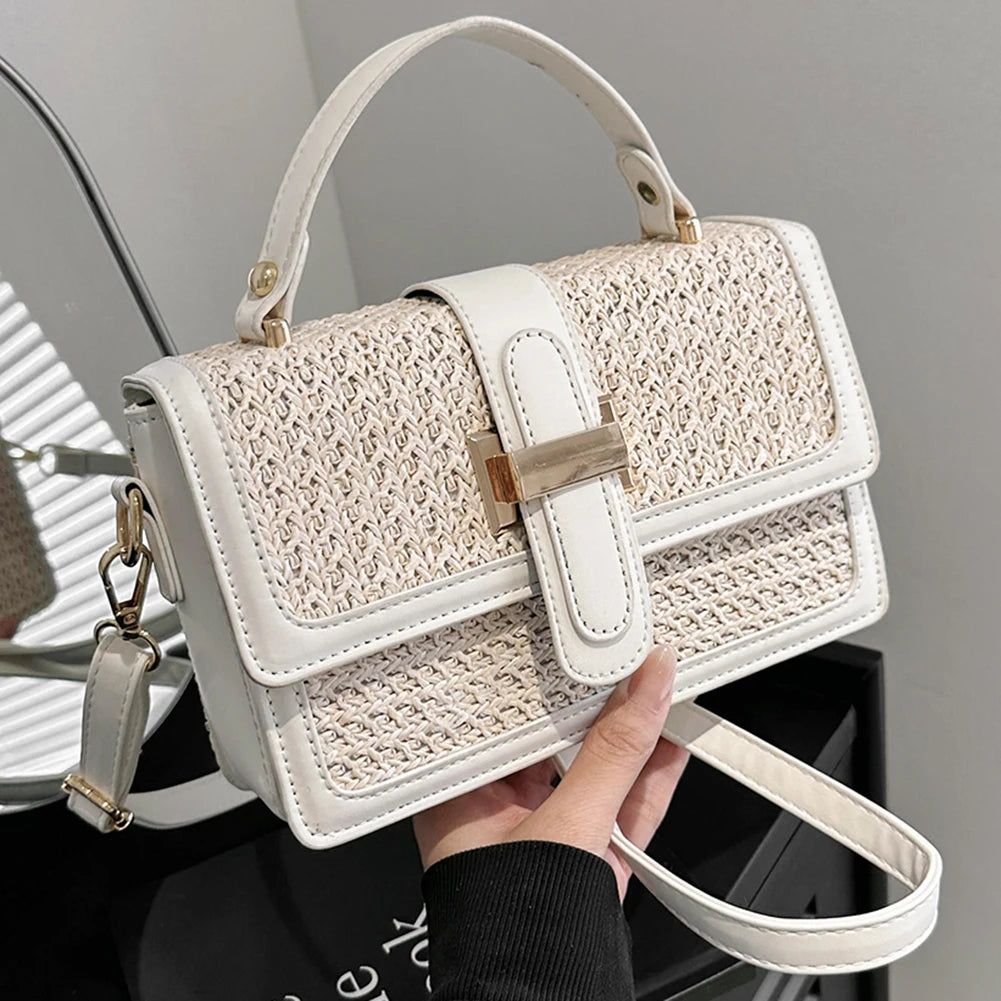 Straw Woven PU Leather Crossbody Bag – Flap Shoulder Bag with Adjustable Strap for Holiday & Travel