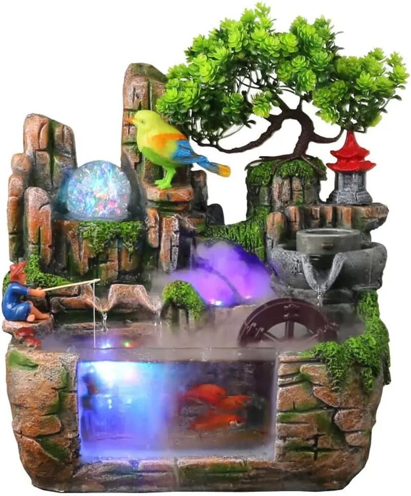 Mini Indoor Rockery Tabletop Waterfall Fountain with Mist & LED Lights – Cascading Water Feature for Home & Office