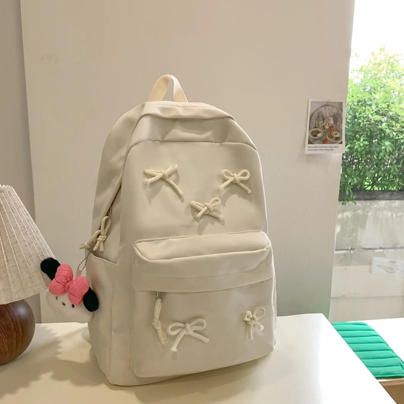 Fashion Bow Laptop Backpack – Large-Capacity Student Rucksack | Stylish Solid-Color Multi-Pocket Travel Daypack