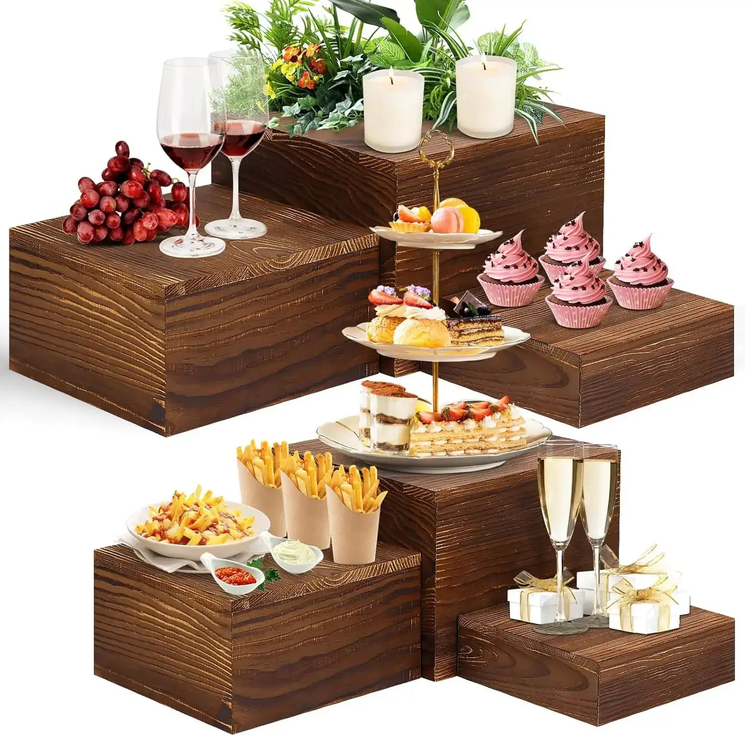 6-Piece Wooden Display Stand Set – Square Buffet & Dessert Risers for Parties
