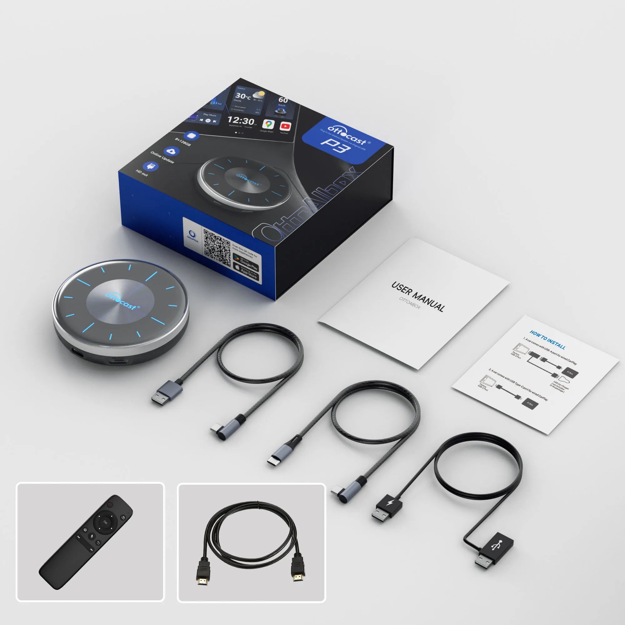 Ottocast P3 Android AI Box – Wireless CarPlay & Android Auto TV Box with HDMI Out, YouTube & Netflix Support