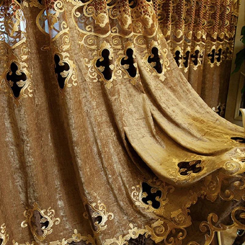 2PCS Luxury European Chenille Embroidered Curtain Set – Coffee Color, Hollow Design, Villa Living Room Elegance