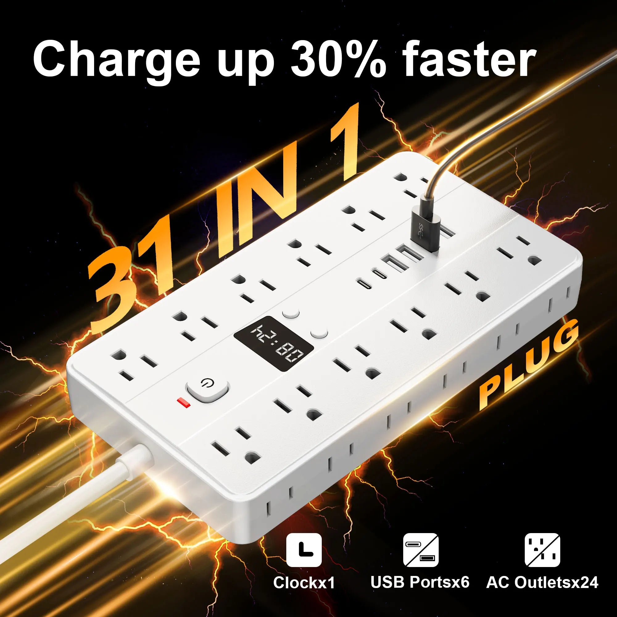31-in-1 Multifunctional Power Socket – 3-Sided Power Strip with Time Display, 24 AC Outlets, 6 USB Ports & 2 USB-C Fast Charging Ports