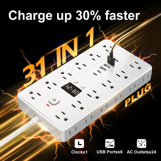 31-in-1 Multifunctional Power Socket – 3-Sided Power Strip with Time Display, 24 AC Outlets, 6 USB Ports & 2 USB-C Fast Charging Ports