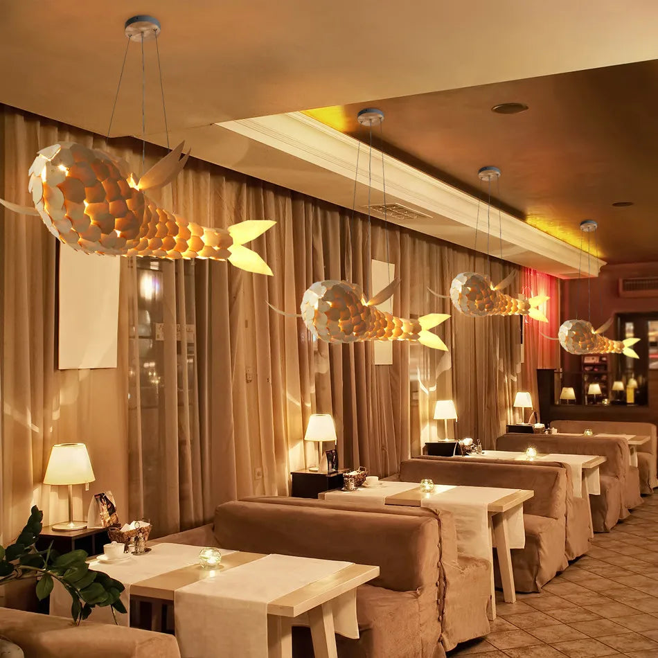 Luvodi 2PCS Large Fish-Shaped Wooden Weaving Chandeliers – Artistic Ceiling Lights for Home & Restaurant 🐟✨