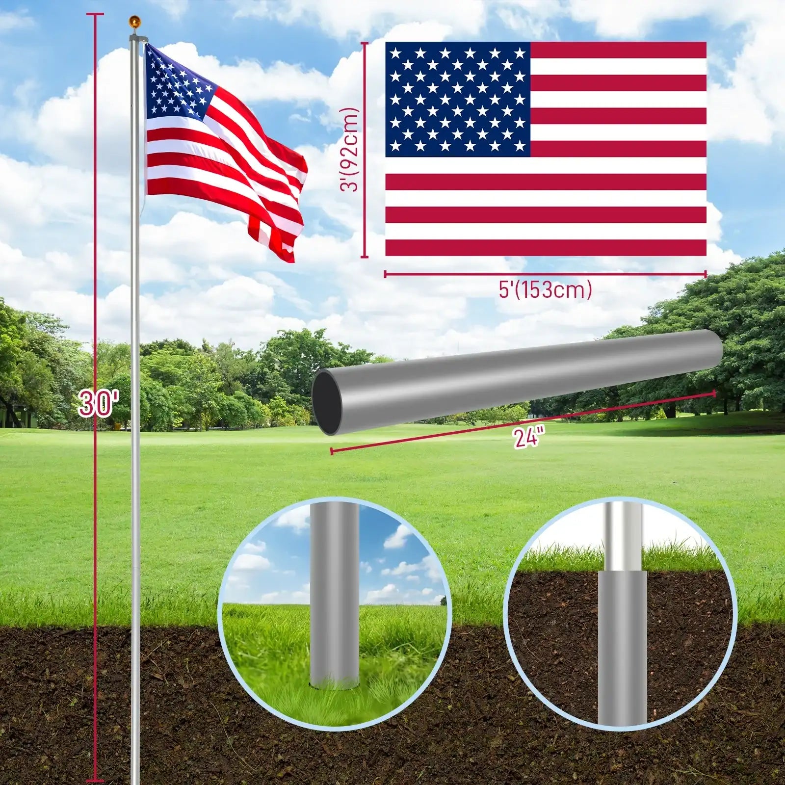 30 ft Sectional Aluminum Flag Pole Kit – Extra-Thick In-Ground Flagpole for Outdoor Use (Includes 5×3 US Flag)