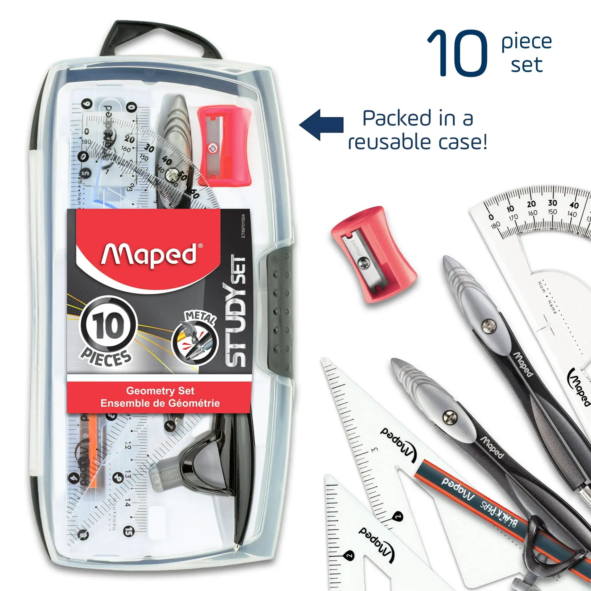 Maped Study Geometry Set – 10-Piece Metal Compass & Measuring Tool Kit for Students & Professionals
