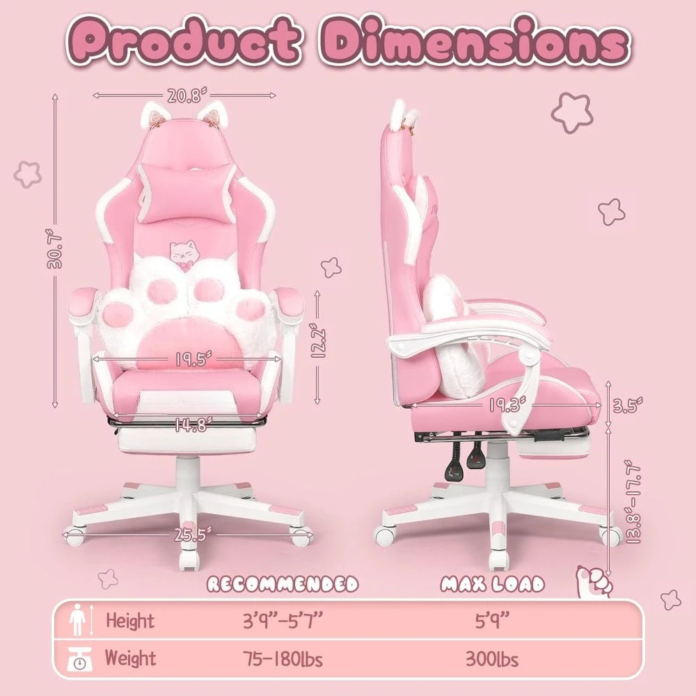 Cute Gaming Chair with Cat Ears – Ergonomic Computer Chair with Cat Paw Lumbar Cushion, Footrest & Headrest for Girls & Teens