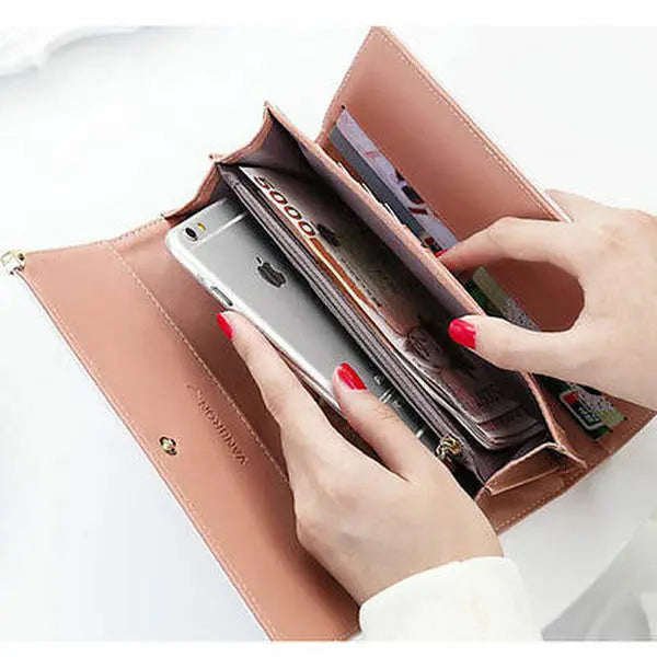 Women’s Long PU Leather Trifold Wallet – Elegant Card Holder Clutch Purse & Mobile Handbag