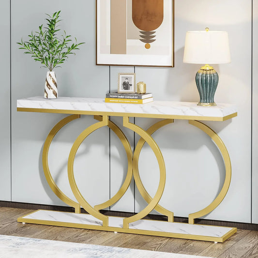 Tribesigns 55" Gold Console Table – Modern Faux Marble Entryway & Sofa Table | Narrow Long Accent Table for Hallway or Living Room
