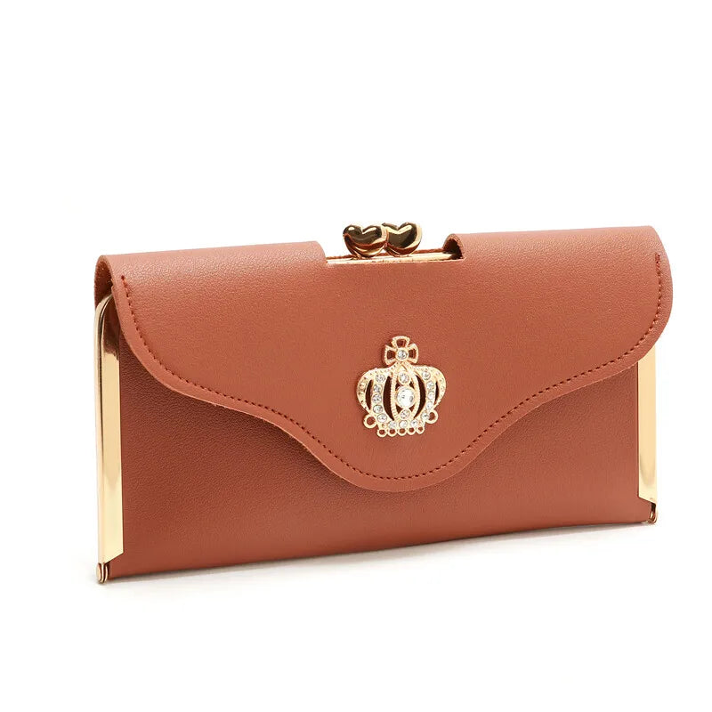 Women’s Crown Style Long Wallet – Elegant PU Leather Hasp & Zipper Clutch with Coin Pocket, Card Holder & Portable Design