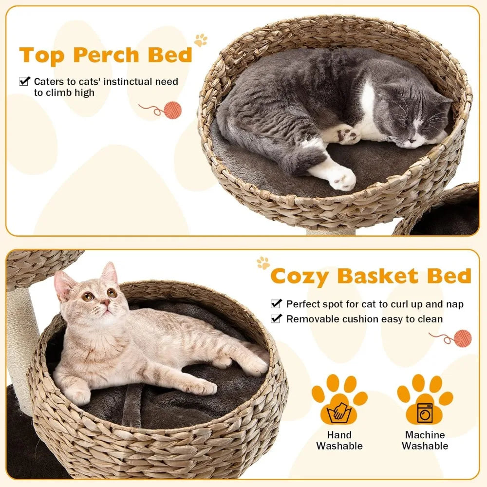 Tangkula Modern Cat Tree – Small Tall Indoor Cat Tower with Sisal Scratching Post & Handmade Wicker Cat Condo for Stylish Homes