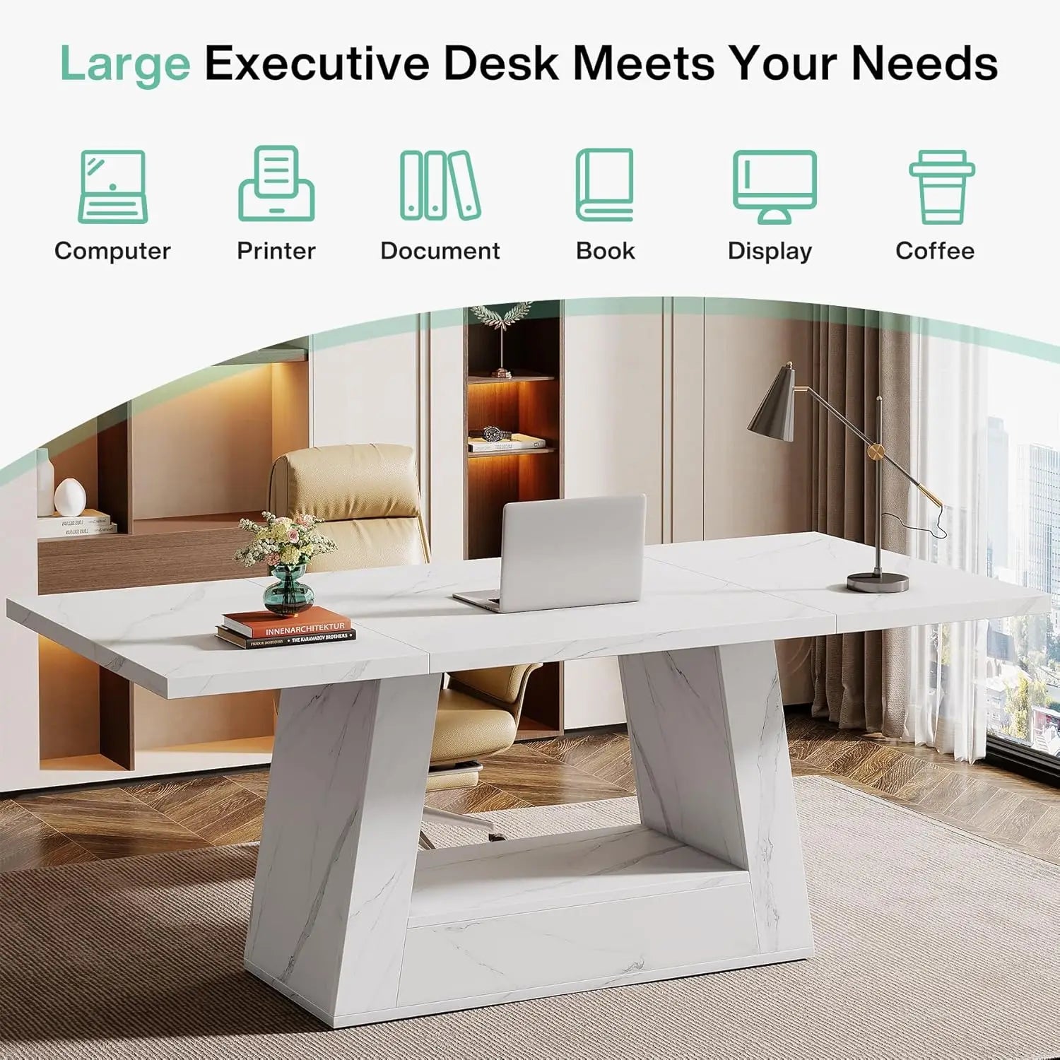 🖥️ 63" Modern Computer Desk – Large Office Executive Writing Desk with Faux Marble Finish for Home & Business