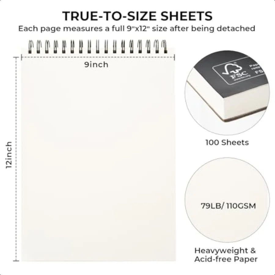 Ohuhu 9×12″ Tear-Resistant Bamboo Fiber Sketch Book – Spiral Bound Drawing Pad (100 Sheets)
